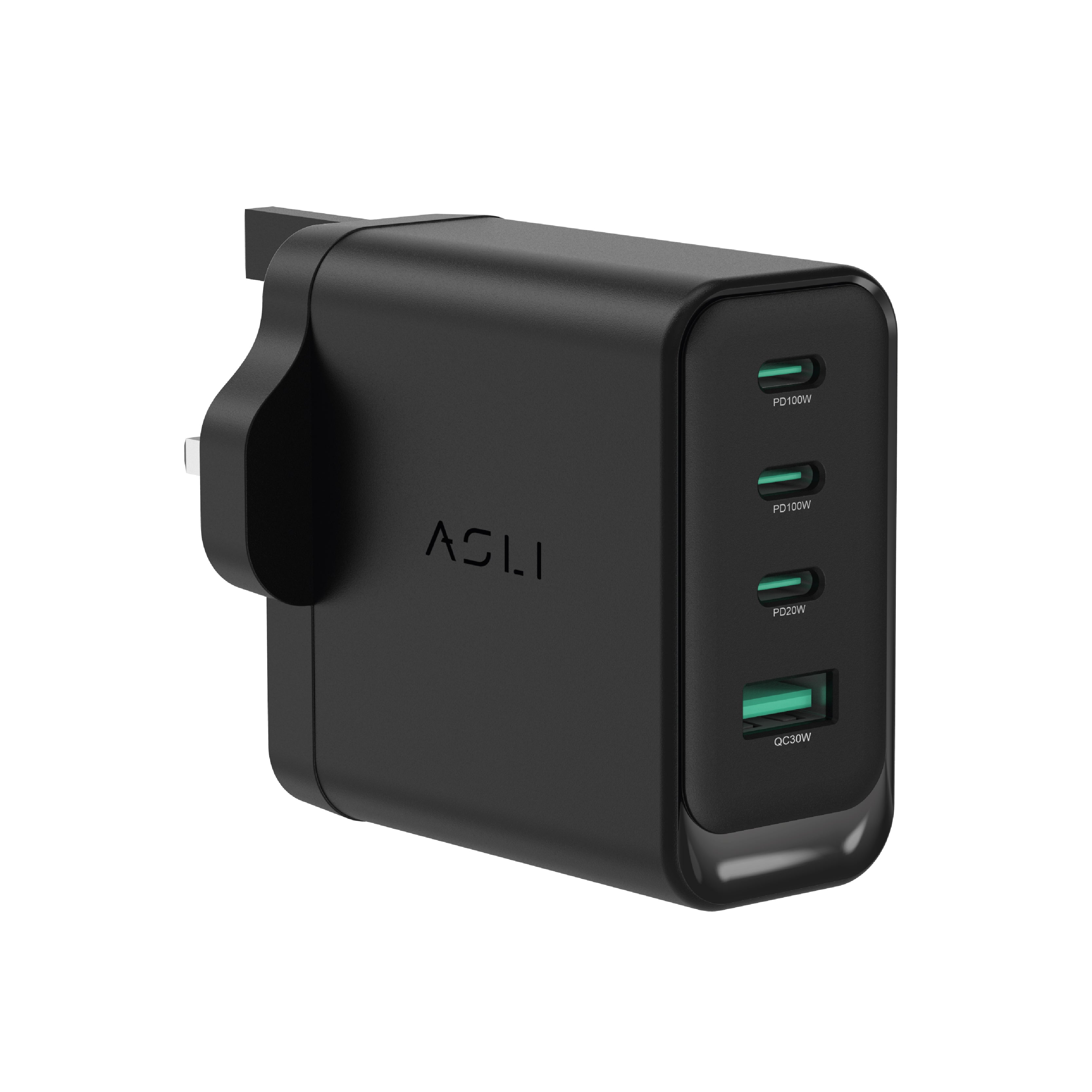 شاحن حائط فائق السرعة من أسلي جلوبال 100 واط بأربعة منافذ USB بتقنية GaN , PD | أسود شاحن حائط فائق السرعة من أسلي جلوبال 100 واط بأربعة منافذ USB بتقنية GaN , PD | أسود